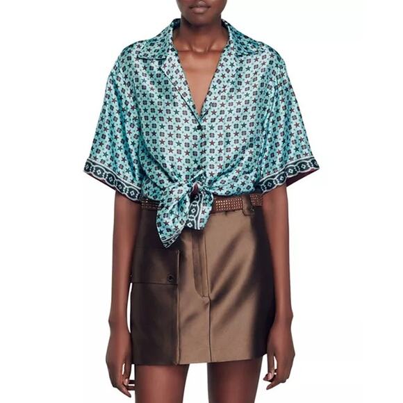 Sandro Vanille Printed Shirt Size 2 Medium - Picture 3 of 10